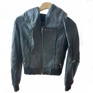 All Saints Cobra Leather Bomber Jacket Hoodie | UK6 US4 EU34